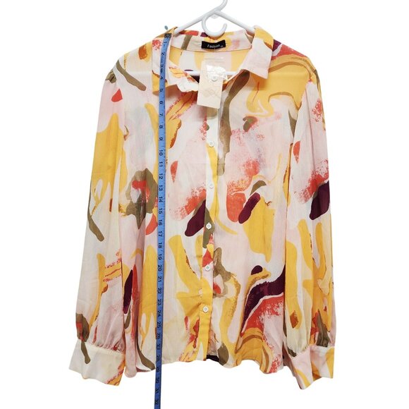 Abstract Yellow Print Womens Button-Up Blouse XXL Long Sleeve Lightweight Top - Picture 4 of 8